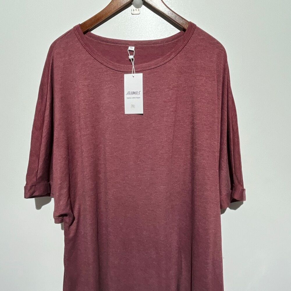 Athmile Womens Heather Maroon Short Sleeve Loose Oversized T-Shirt Size 2XL NWT